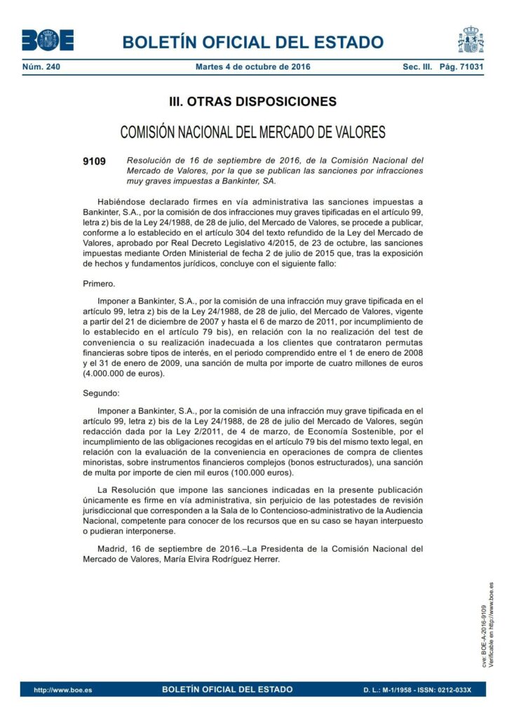 sancion CNMV a Bankinter por swaps y bonos estructurados